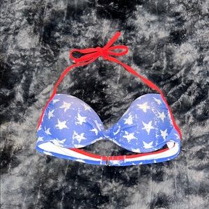 Star-Patterned Blue Bikini Top with Red Straps